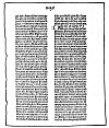 FACSIMILE OF ACTUAL PAGE OF ORIGINAL GUTENBERG BIBLE.<BR>
The first successful printing was done in 1450 A.D. when Gutenberg printed the Old Testament in Latin. There are about 45 copies of the precious Gutenberg Bible in existence that have survived the chances of Europe and its wars for five hundred years.