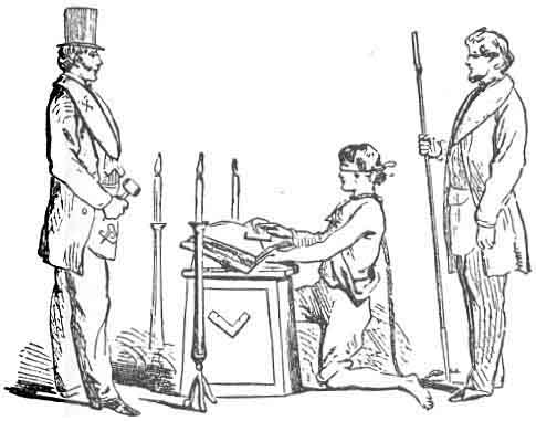 Candidate taking the oath of an entered apprentice (Duncan's Ritual, p. 33): public domain image
