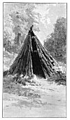 INDIAN O'-CHUM.<BR>
This style of house, made of cedar poles covered with bark, is more easily heated than any other form of dwelling known.